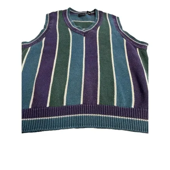 Vintage Structure Sweater Vest Mens L Blue Green Purple 90s Stripe V Neck Preppy - Picture 3 of 6